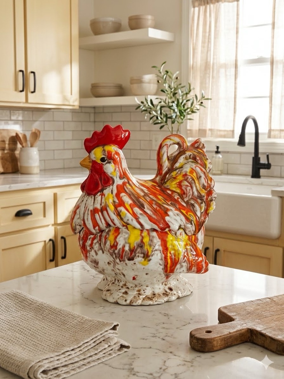 Vibrant Ceramic Rooster Sculpture in Red, Yellow and White